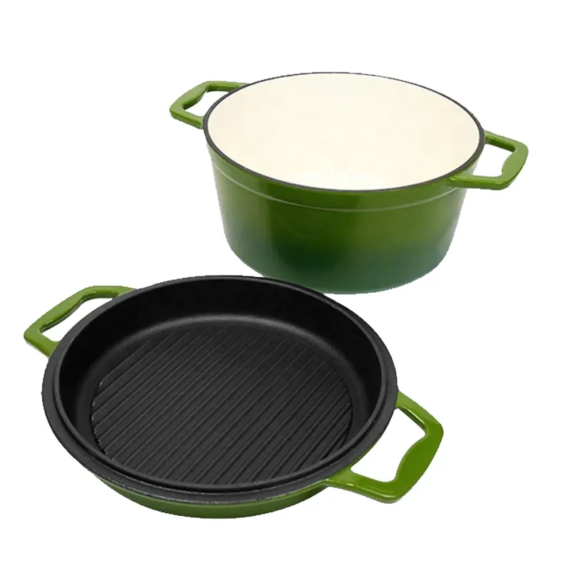 Colorful Premium Enameled  2 In 1 Cast Iron Dutch Oven With Skillet Lid